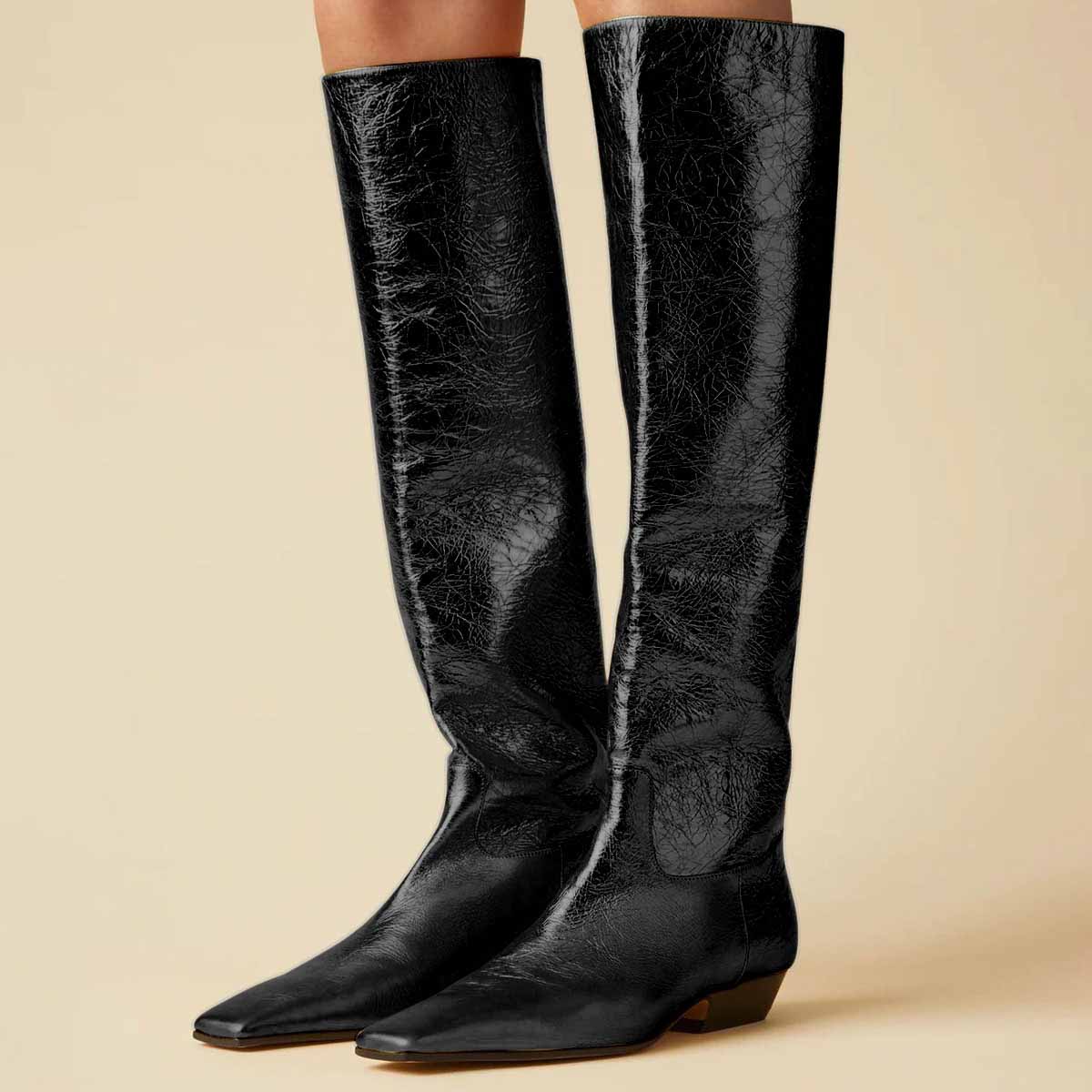 Black Cracked Vegan Leather Chunky Heel Square Toe Boots Women Nicepairs