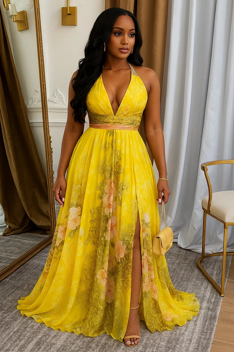 V Neck Floral Print Cinched Slit Party Maxi Dresses-Yellow