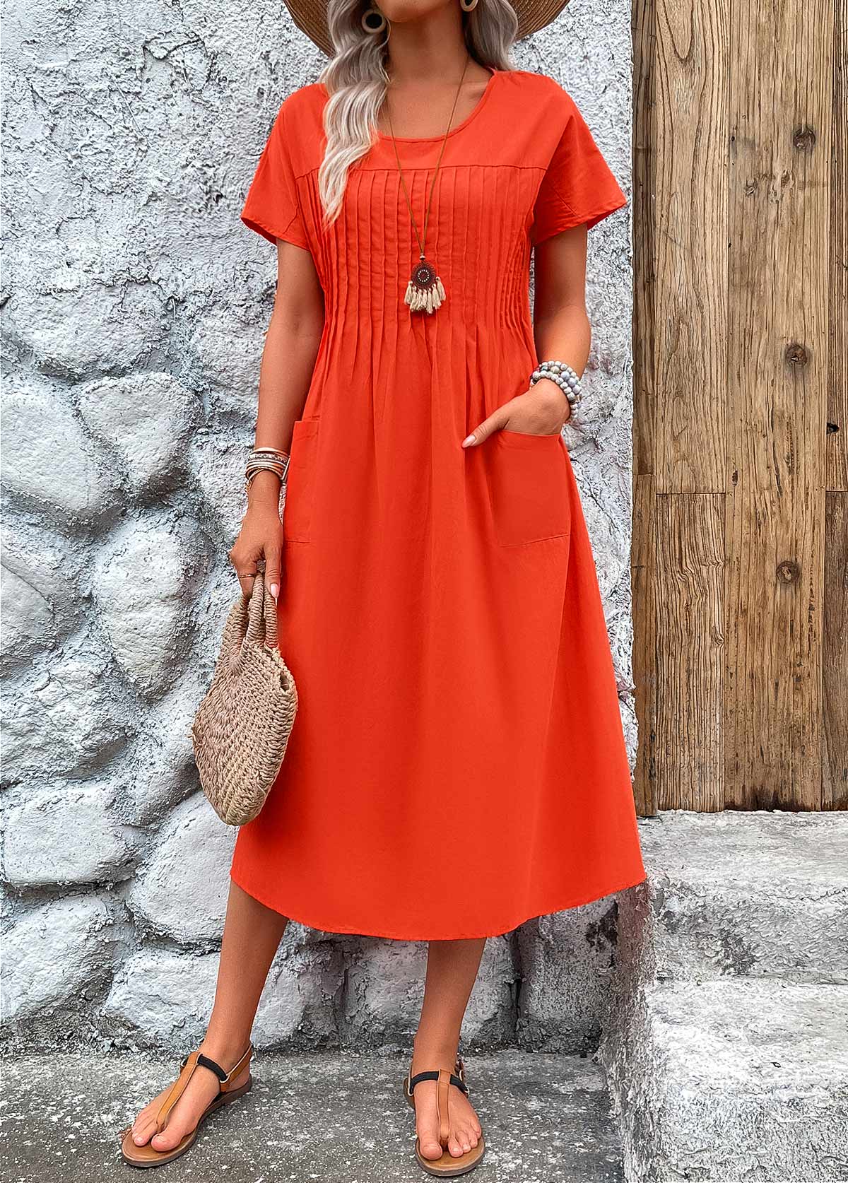 MODLILY DESIGN Navy Tuck Stitch Short Sleeve Round Neck Dress