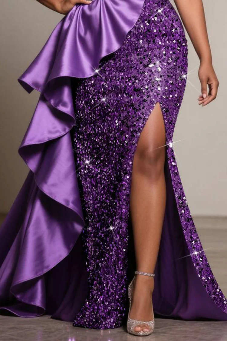 Xpluswear Design Plus Size Formal Sequin Purple Oblique Collar Split Elegant Ruffle Satin Maxi Dresses [Pre-Order]