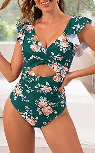 Ruffle Cutout Tummy Control V Neck Wrap One Piece Swimsuit 