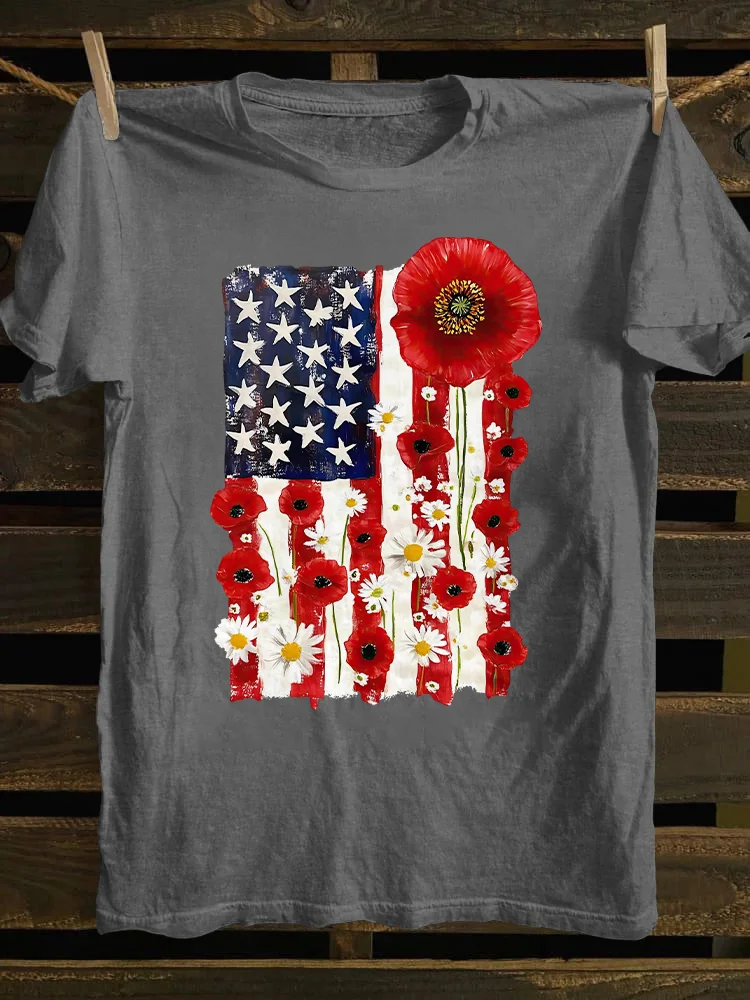 American Flag Floral 4th Of July T-shirt