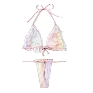 Ombre Sheer Mesh Lettuce Trim Lingerie Set