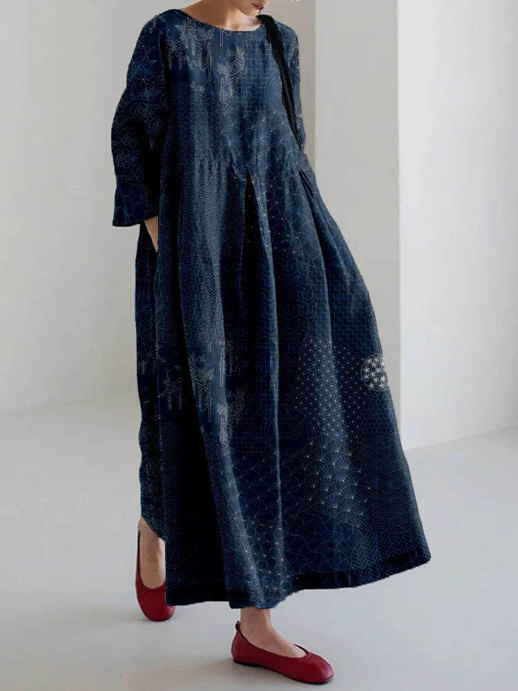 Japanese Traditional Sashiko Art Linen Blend Maxi Dress