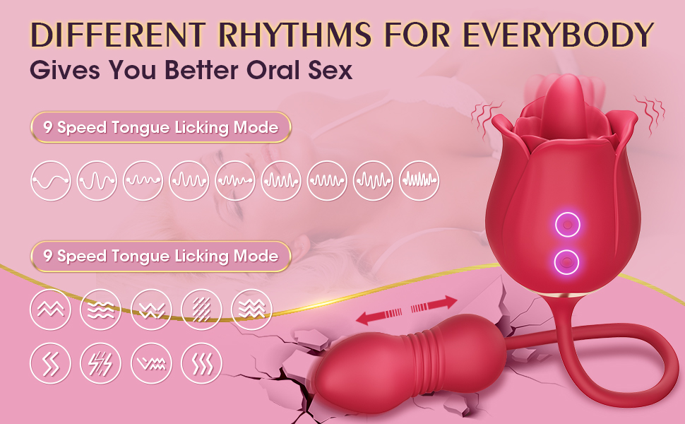 clitoral vibrator with 9 tongue licking modes and 9 thrusting frequencies