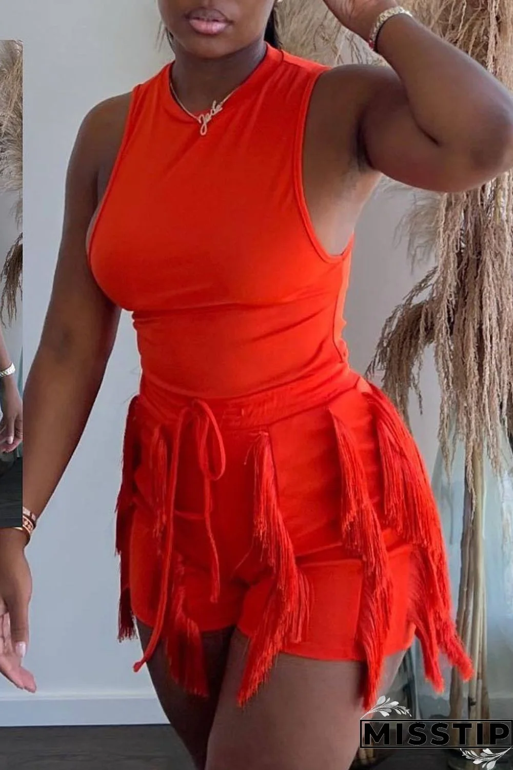 Peacock Blue Casual Solid Tassel Patchwork O Neck Sleeveless Two Pieces