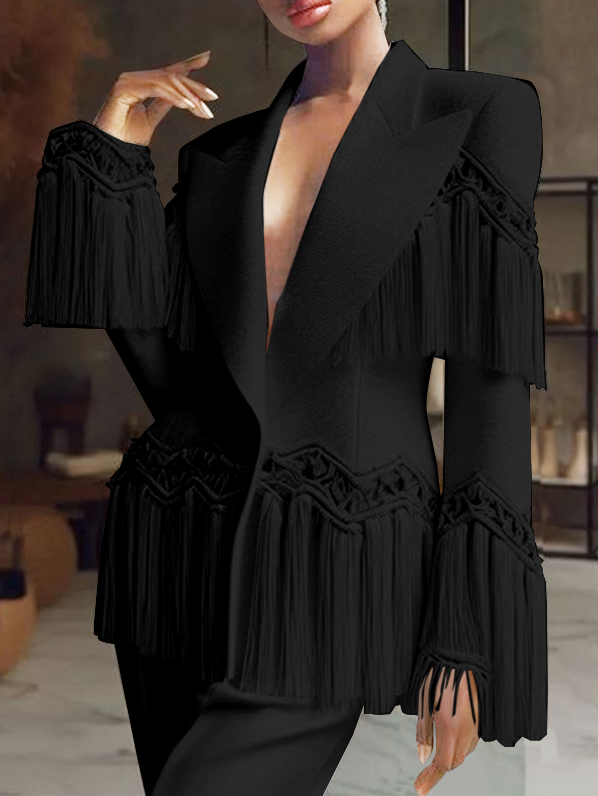 Formal Look Fringed Tailored Collar Long Blazer Pant Set
