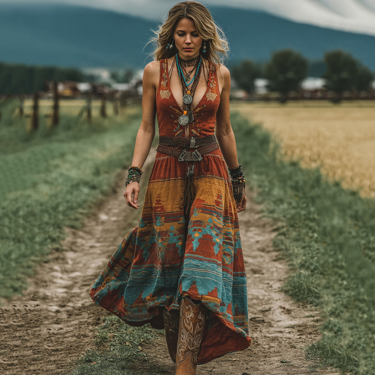 Women's Vintage Western Geometric Print V-neck Tank Midi Dress