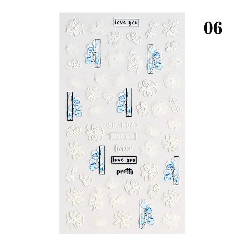 1PC White Embossed Flower Lace 5D Nail Stickers Flower Butterfly Wedding Nail Art Designs Decoration For Manicures