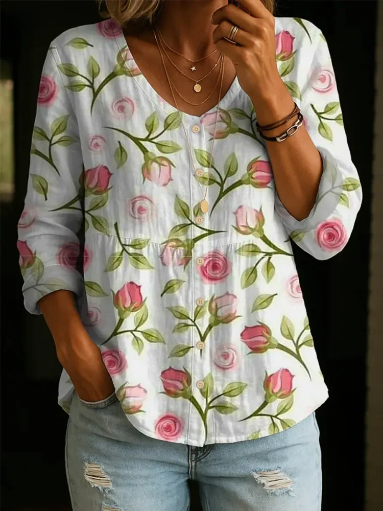 Women's Floral Pattern Art Print Casual Cotton Shirt in Soft Spring Colors