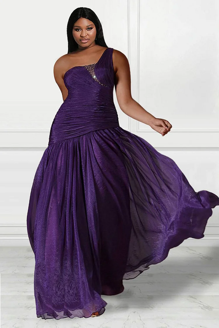Xpluswear Design Plus Size Purple Formal One Shoulder Shiny Ruffle Flying Maxi Dresses 
