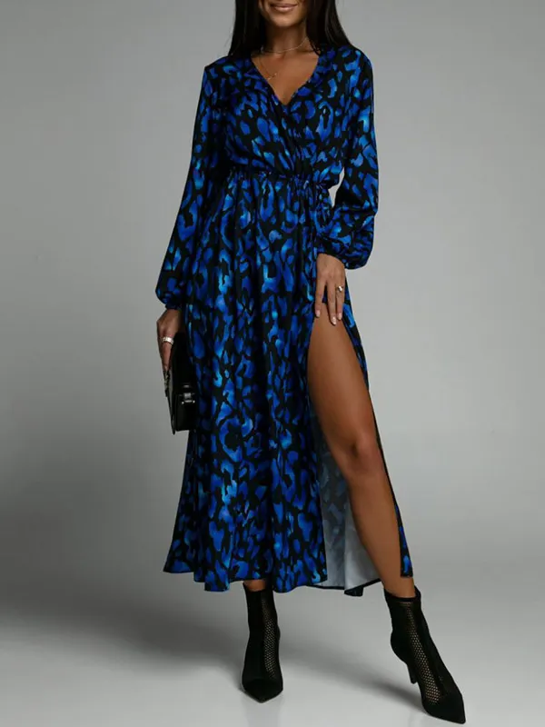 Leopard Deep V Tie Back Split Dress