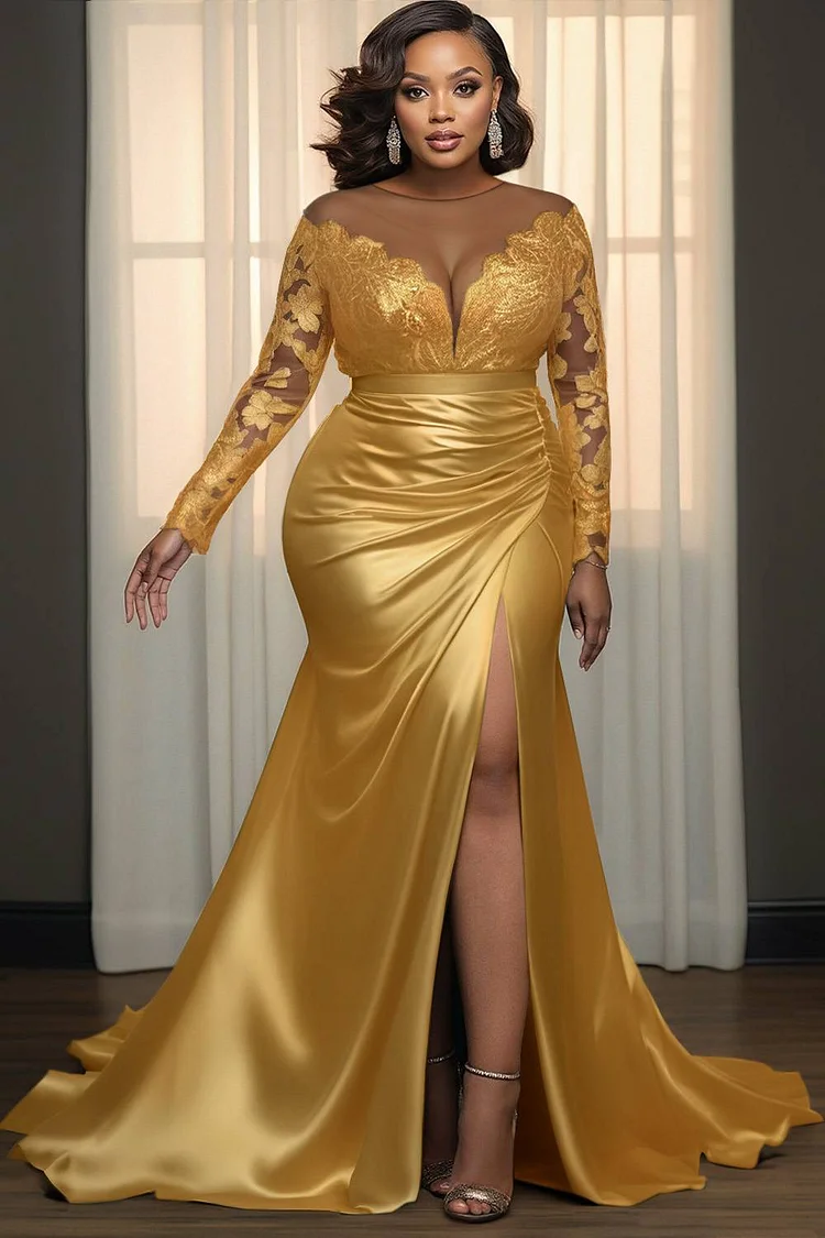 Xpluswear Design Plus Size Formal Lace Gold Turndown Collar Long Sleeve Split Elegant See Through Satin Maxi Dresses [Pre-Order] 2024 - Xpluswear