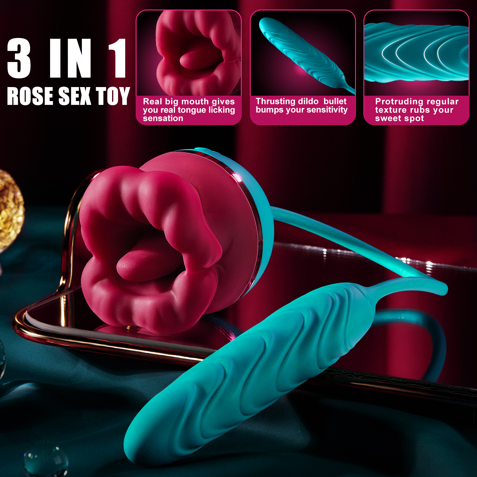 3in1 Big Mouth 9 Tongue Licking Vibrator & 6 Thrusting G Spot Dildo