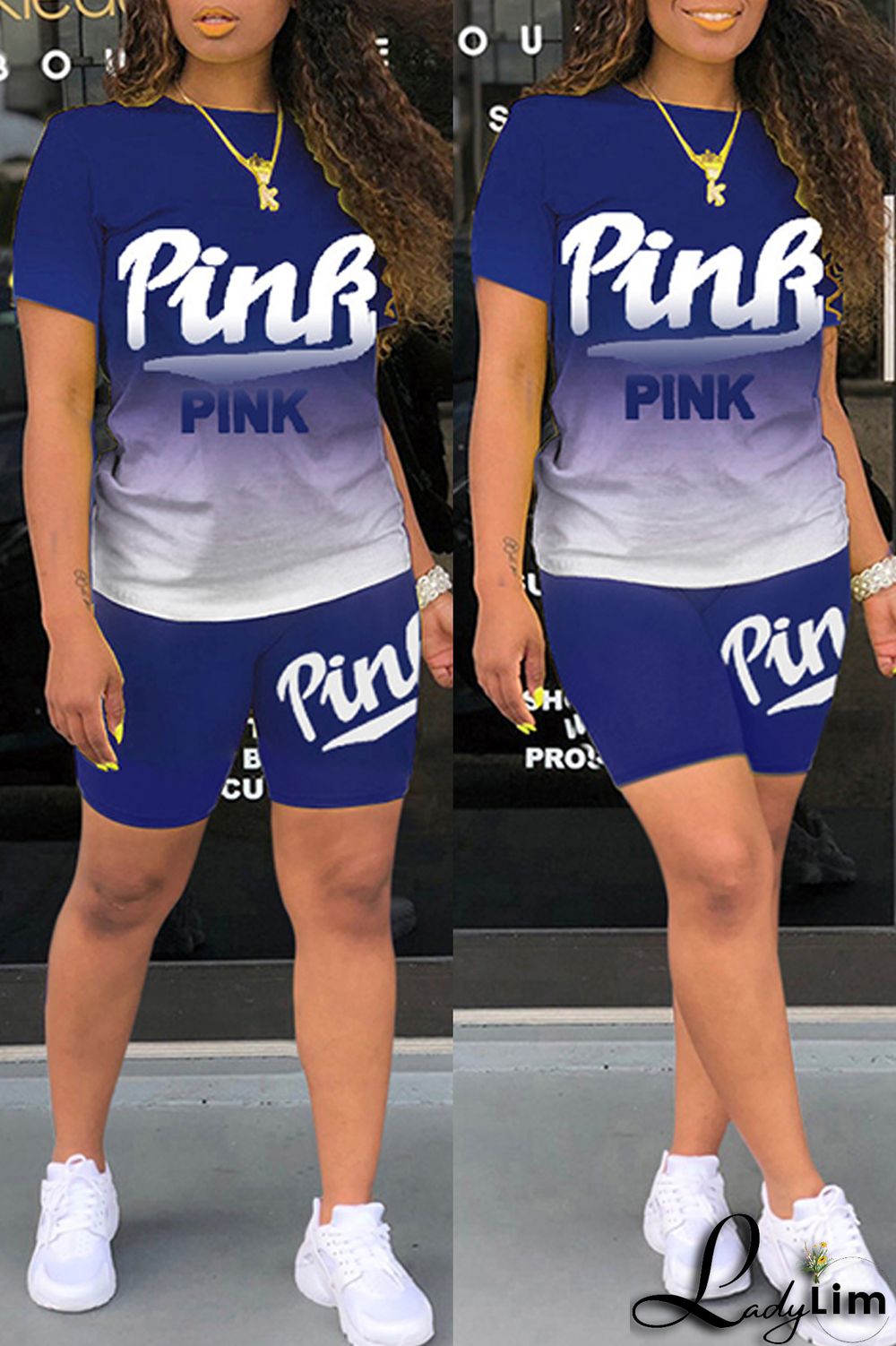 Green Fashion Casual Gradual Change Letter Print Basic O Neck Short Sleeve Two Pieces