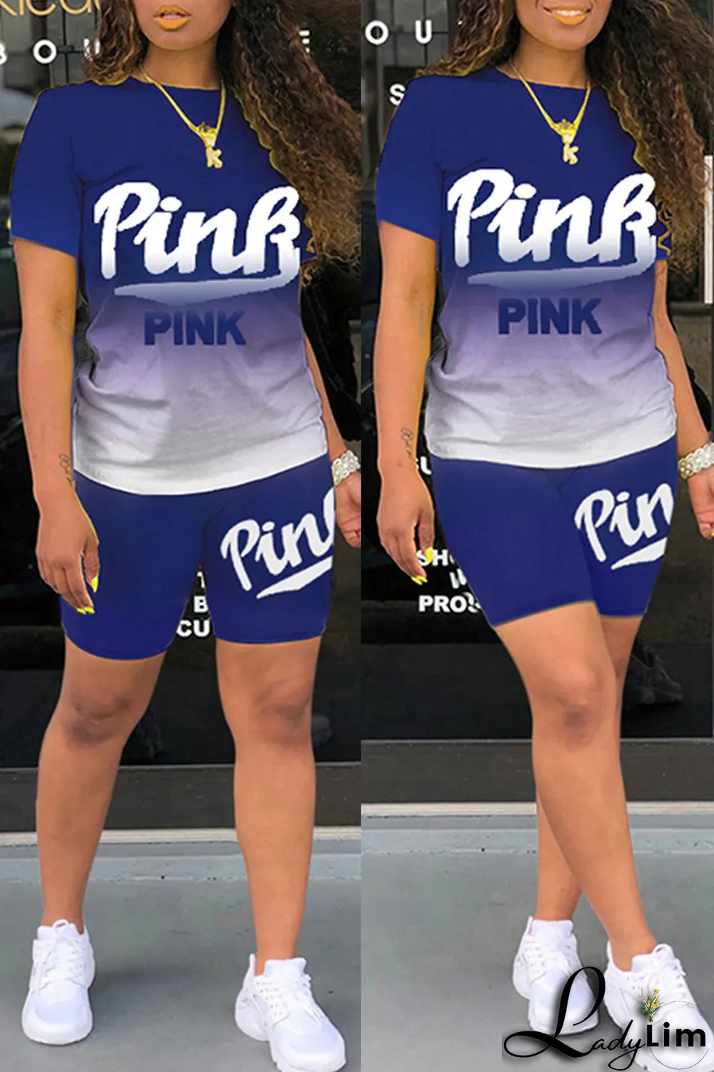 Green Fashion Casual Gradual Change Letter Print Basic O Neck Short Sleeve Two Pieces