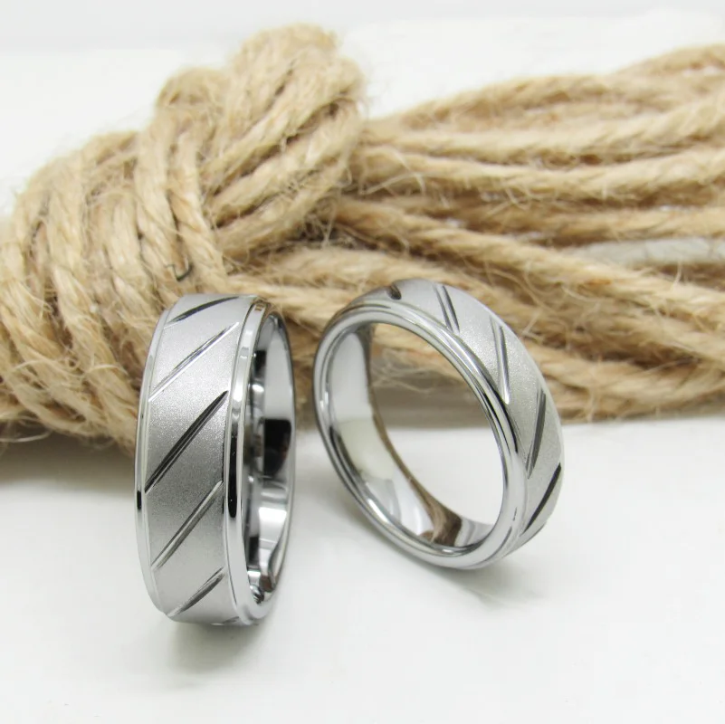 6MM 8MM Couples Tungsten Carbide Step Surface Sandblasted With 12 Chutes Sliver Wedding Rings