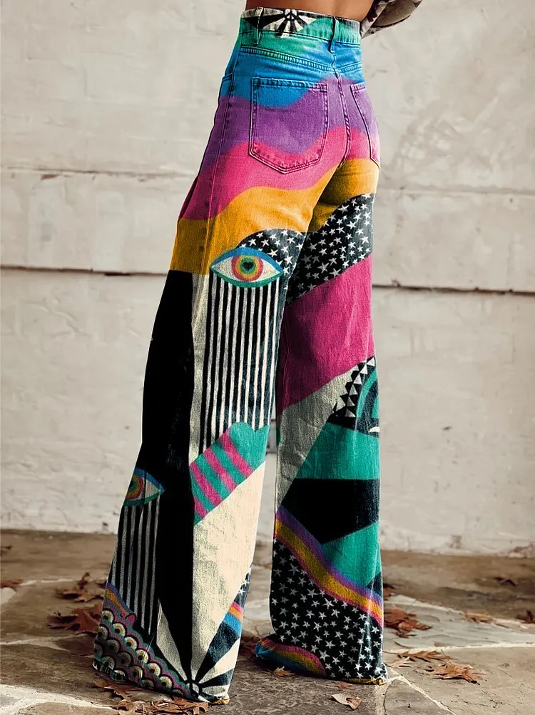 Vintage Print Casual 100% Cotton Wide Leg Jumpsuit