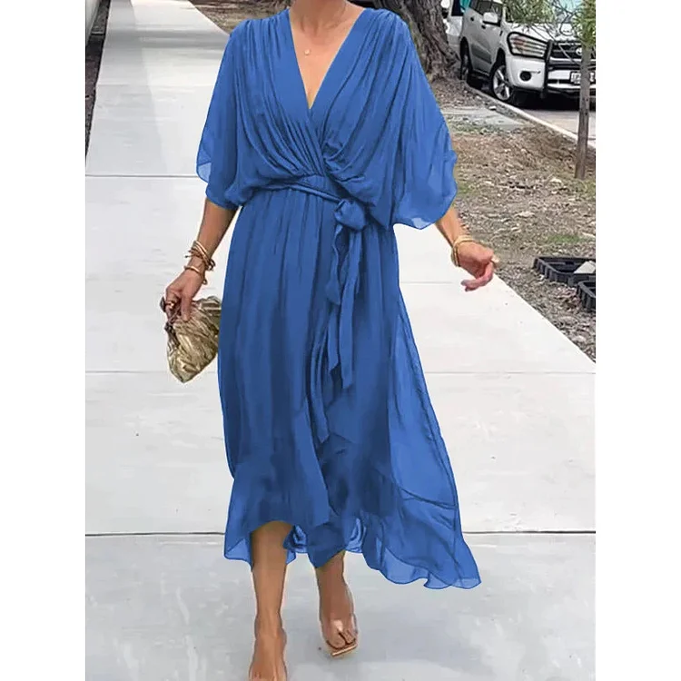 Chic Solid Color Lace-Up Batwing Sleeve Asymmetrical Maxi Dress