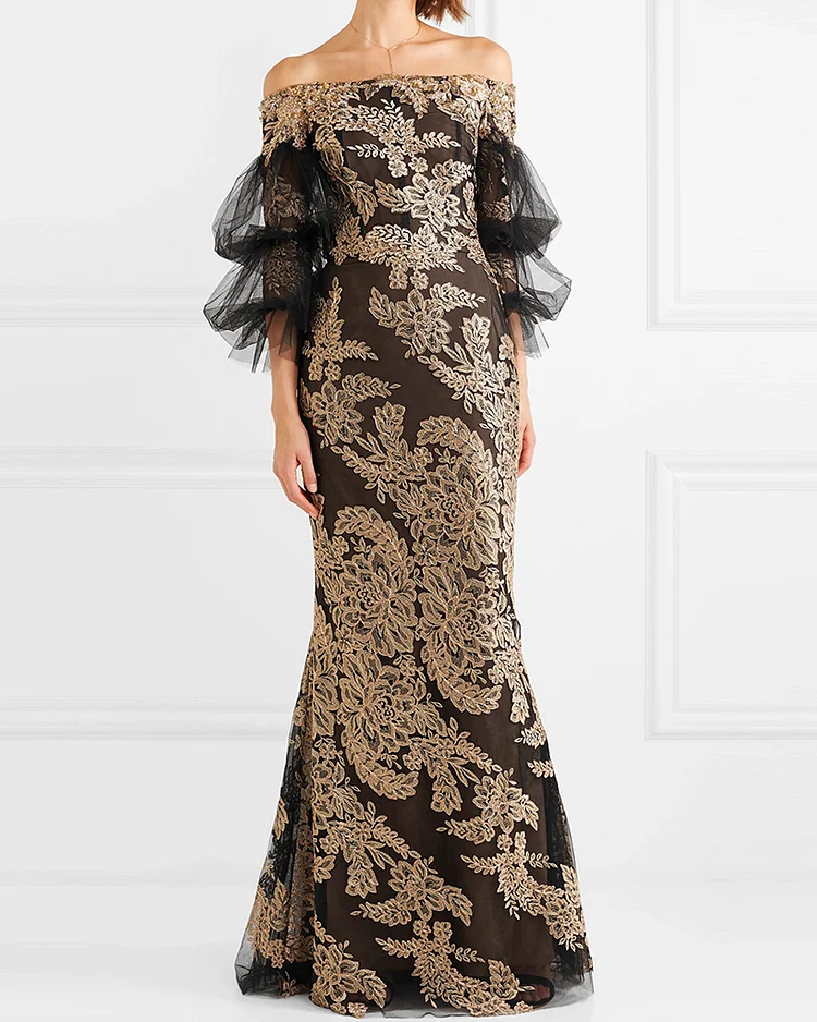 Mesh maxi dress with shiny neckline