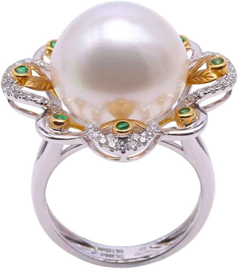 JYX Pearl Jewelry - Anillo de Oro de 18 Quilates con Perlas cultivadas en el Mar del Sur de 14,5 mm de diámetro y Diamantes para Mujer