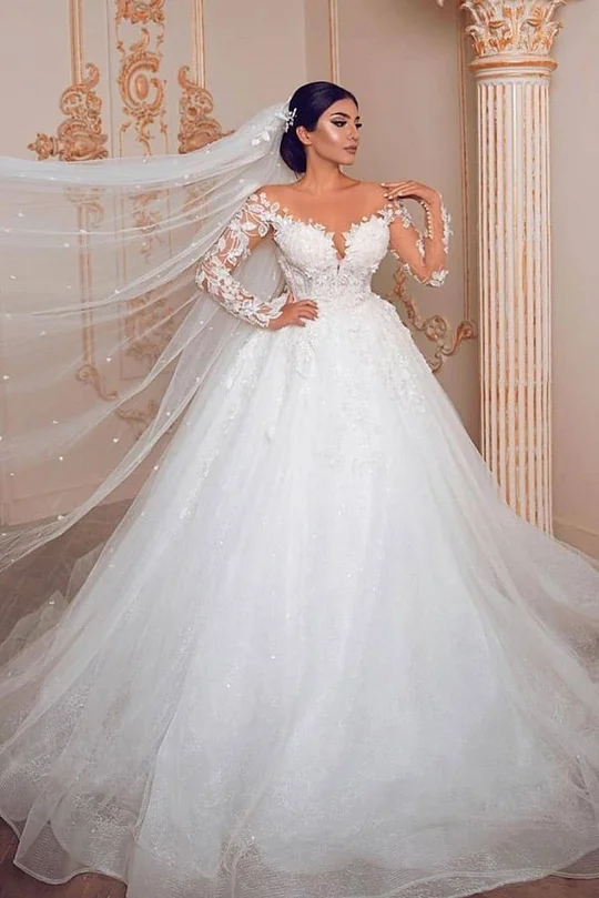Glamorous Long Sleeves V-Neck Ball Gown Wedding Dress With Sequins Cry –  Ballbella