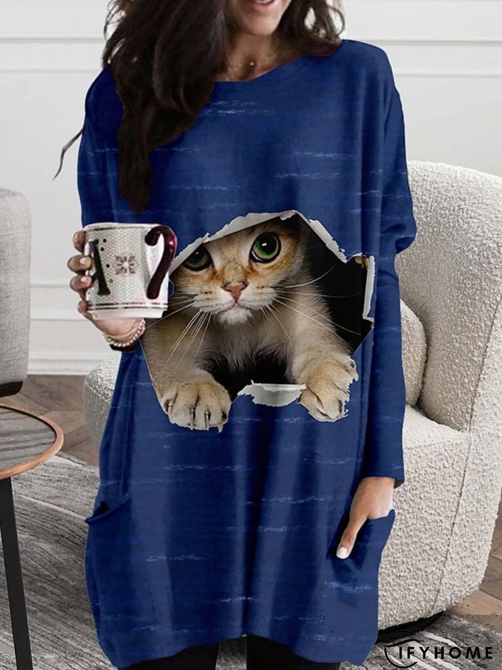 Long Sleeve Printed Simple Tunic T-Shirt | IFYHOME