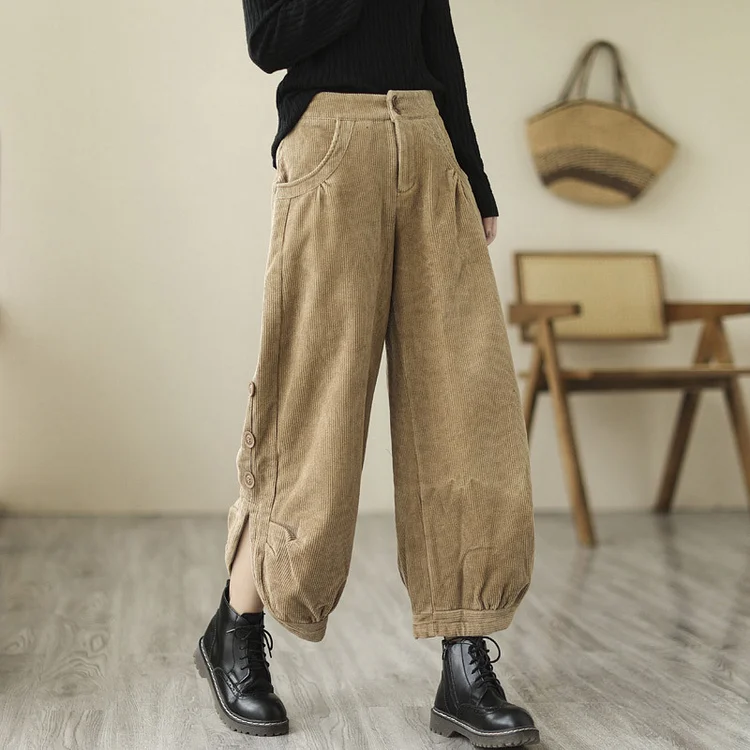 Loose Solid Color High-Waisted Corduroy Pants