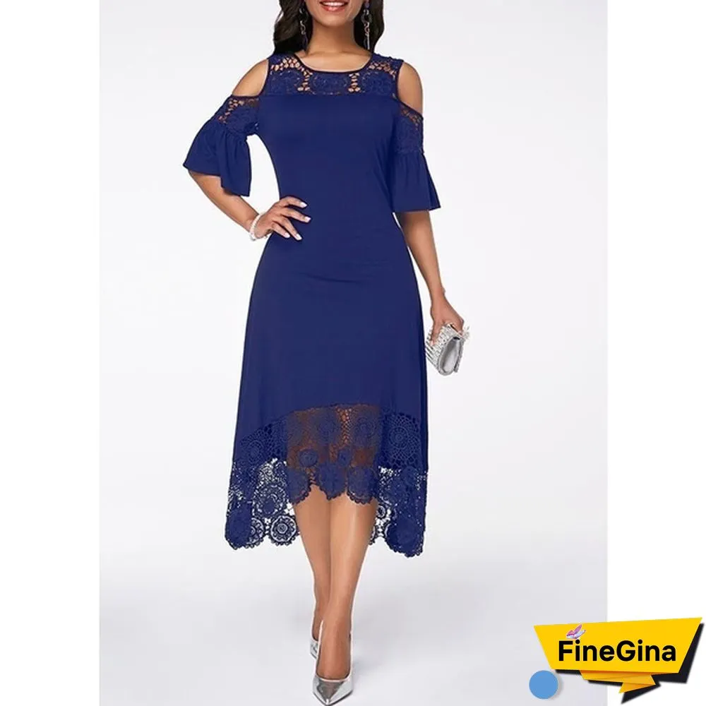 New Fashion Women Elegant Crochet Lace Cold Shoulder Long Dress Party Casual Dress Plus Size