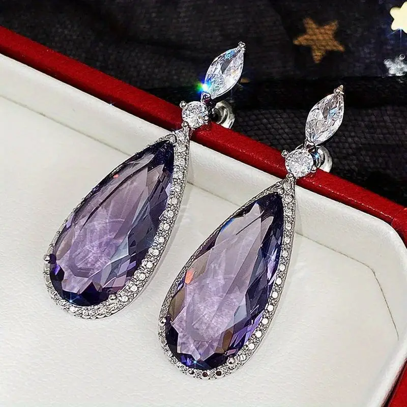 unique purple cubic zirconia earrings for women simple and elegant female earrings engagement wedding jewelry   details 1