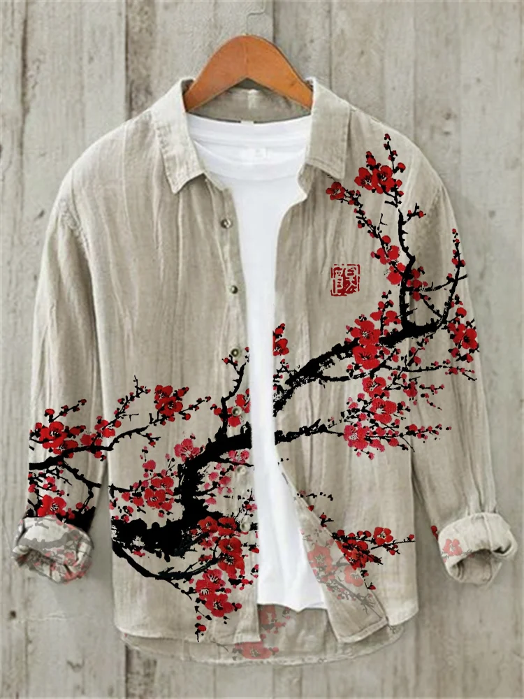Plum Blossom Japanese Brush Art Linen Blend Shirt