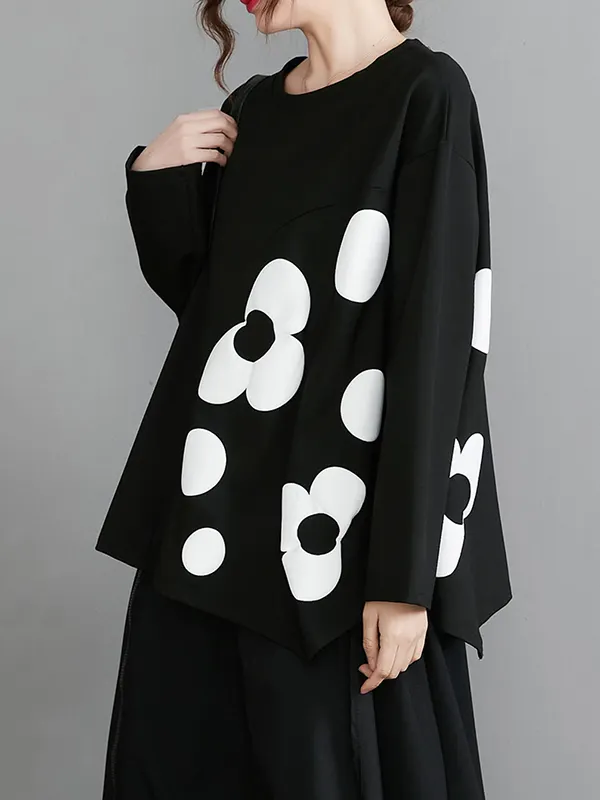 Irregularity Long Sleeves Flower Print High Neck T-Shirts Tops