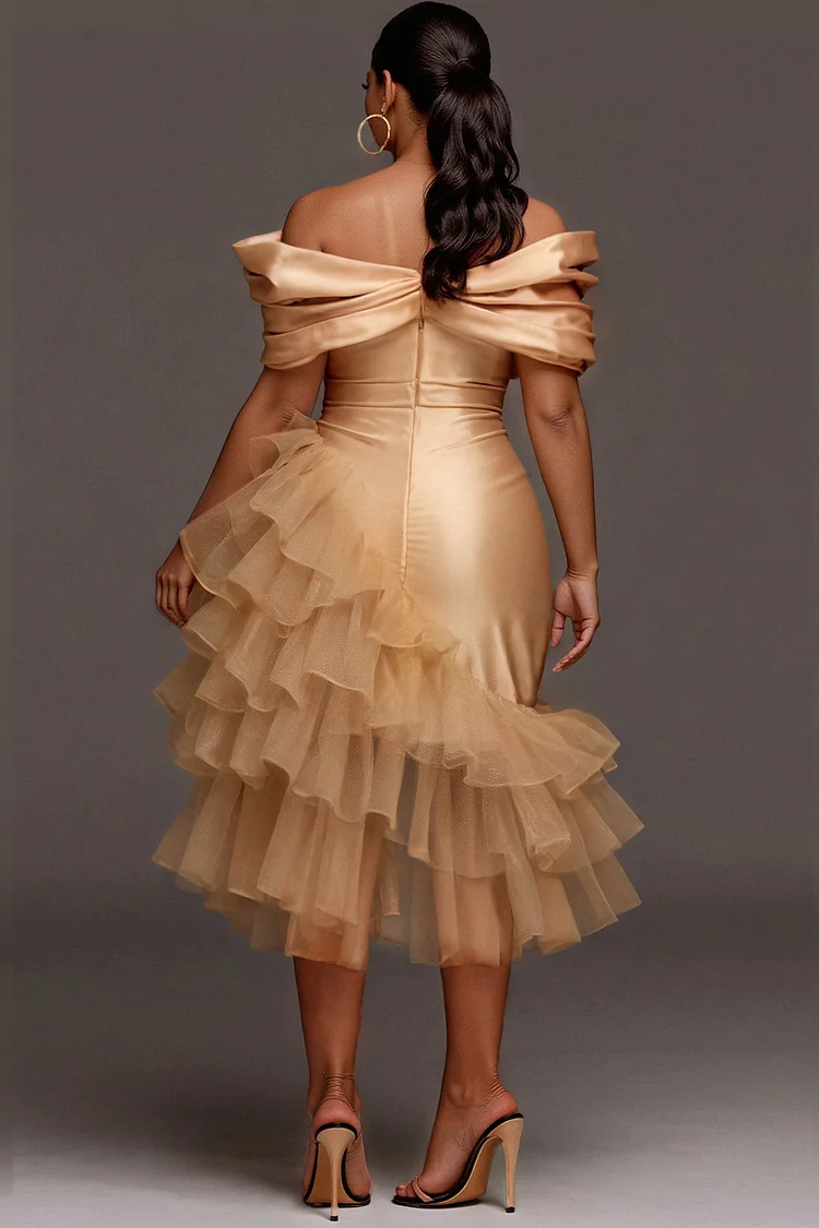 Xpluswear Design Plus Size Wedding Guest Tulle Champagne Off The Shoulder Ruffle Elegant Contrast Satin Midi Dresses [Pre-Order]