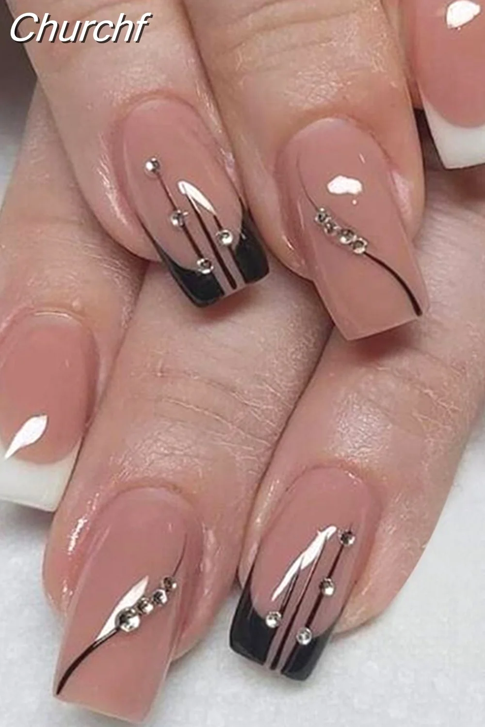 Churchf French White Black Short False Nails with Rhinestone Design Fake Nails Press on Nails Acrylic Full Cover Nail Art Tips-Nail Inspo