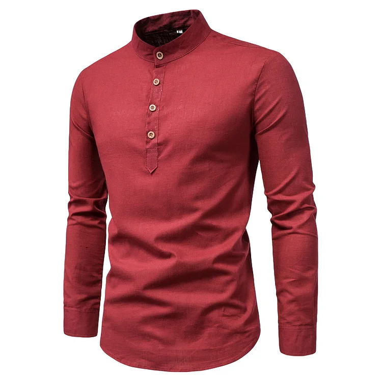 Men's stand collar cotton and linen tops