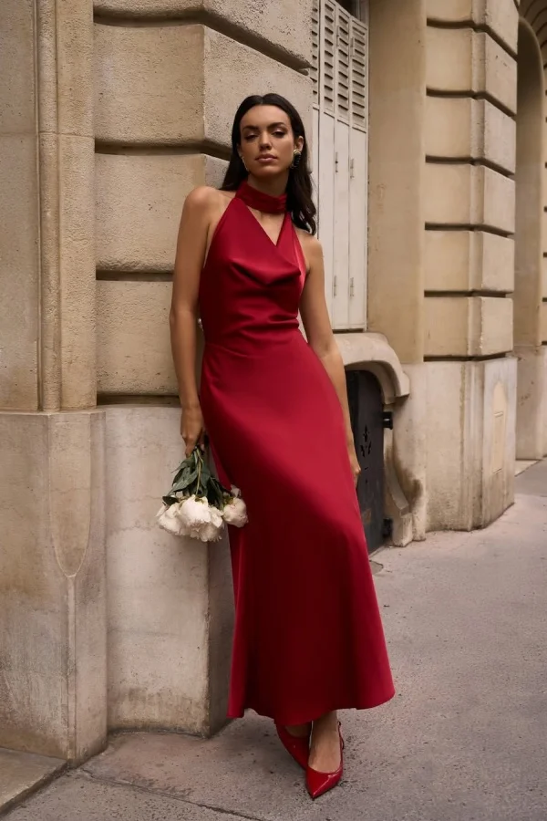 Elegant Red Halter Satin A-Line Pearl Backless Prom Dress YK0055