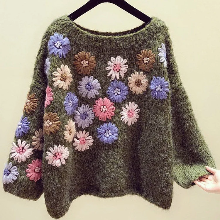 Cozy Handmade Flower Embroidery Autumn Winter Loose Sweater