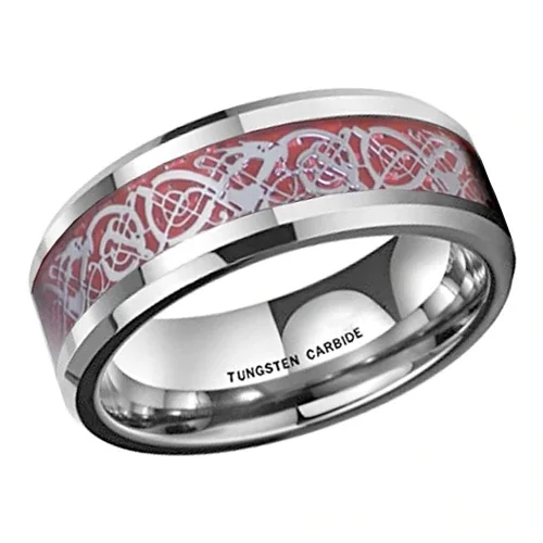 6MM 8MM Women's or Men's Tungsten Carbide Wedding Rings Silver Resin Inlay Red Tungsten Celtic Dragon Knot