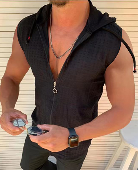 Vacation Sleeveless Zipper Drawstring Grid Hooded Vest