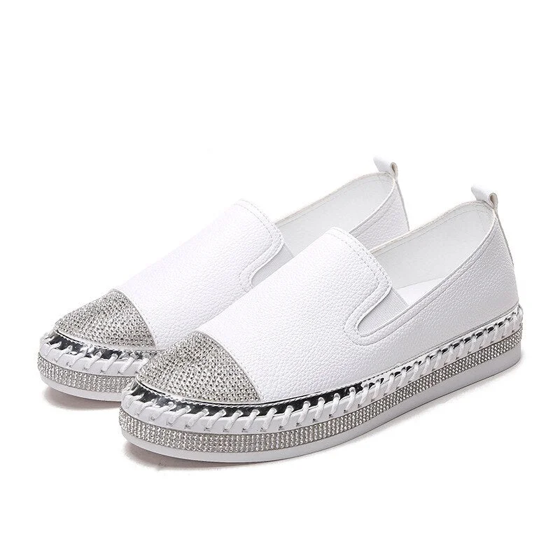 Crystal Small White Leather Shoes Women Tassel Espadrilles Creepers Fishermen Flats Ladies Loafers Handmade Leather Moccasins