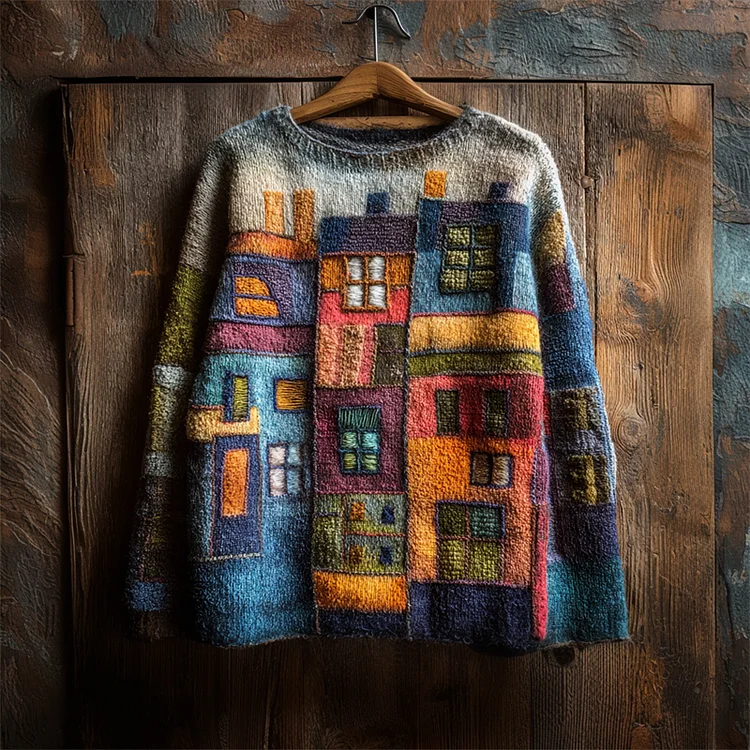 Colorful Street Building Inspired Colorblock Cozy Knit Sweater