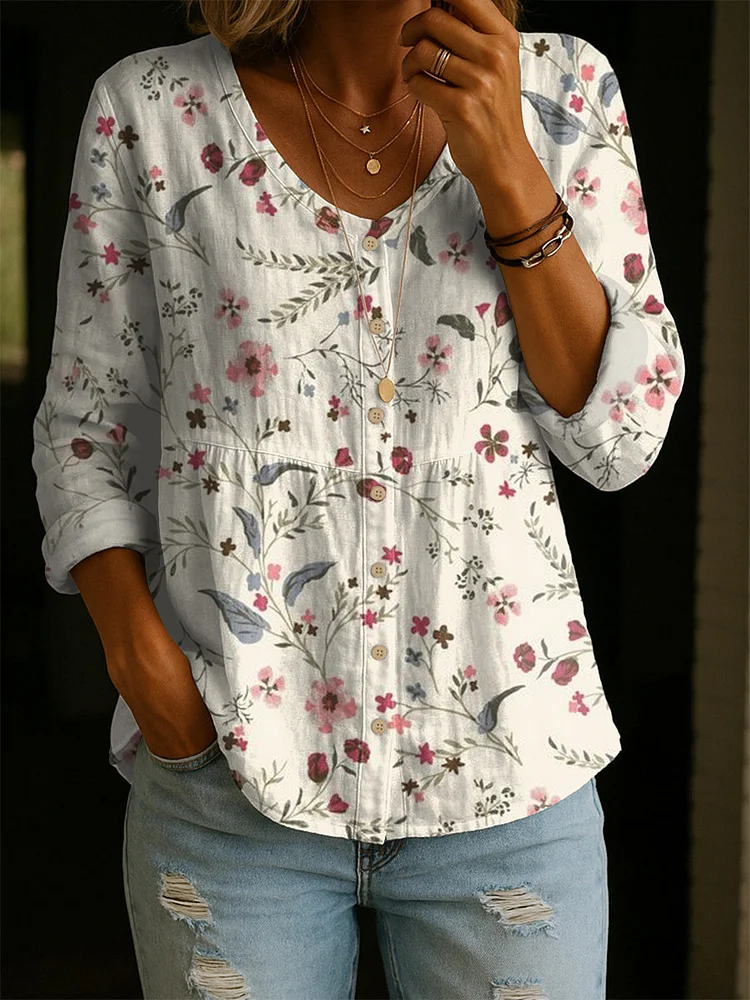 Women's Retro Flower Art Print Linen Cotton Shirt