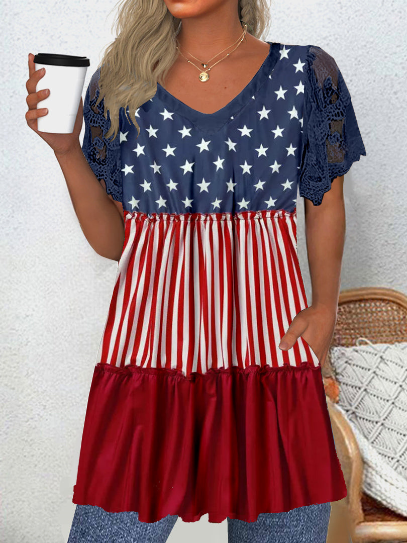 Women's Short Sleeve V-neck Graphic Lace Pockets Tops