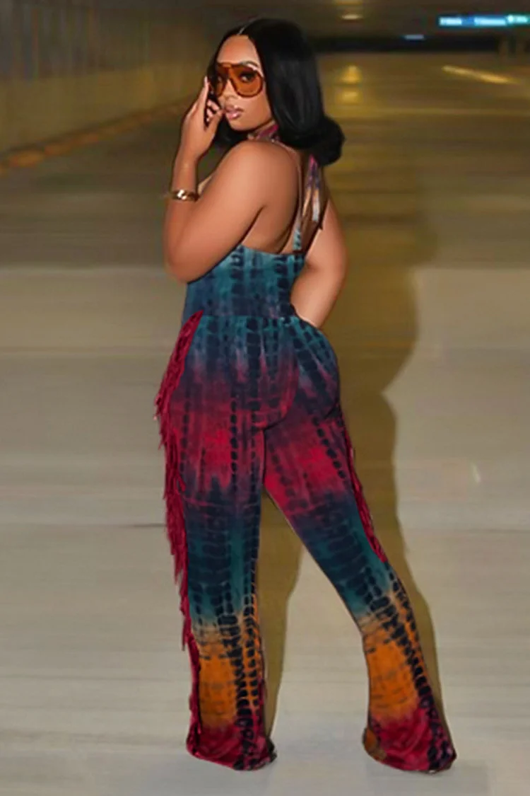 Tie Dye Halter Fringe EDM Party Wide Leg Jumpsuit-Multicolor [Pre Order]