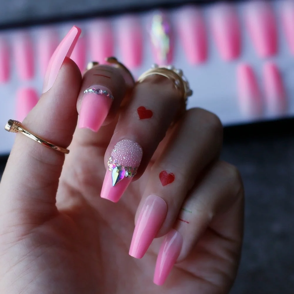 Middle length Coffin Ombre Pink Acrylic nails crystal DIY Style Art Fake nalis Tips Press on nails Cute girlfriend gift box set-Nail Inspo