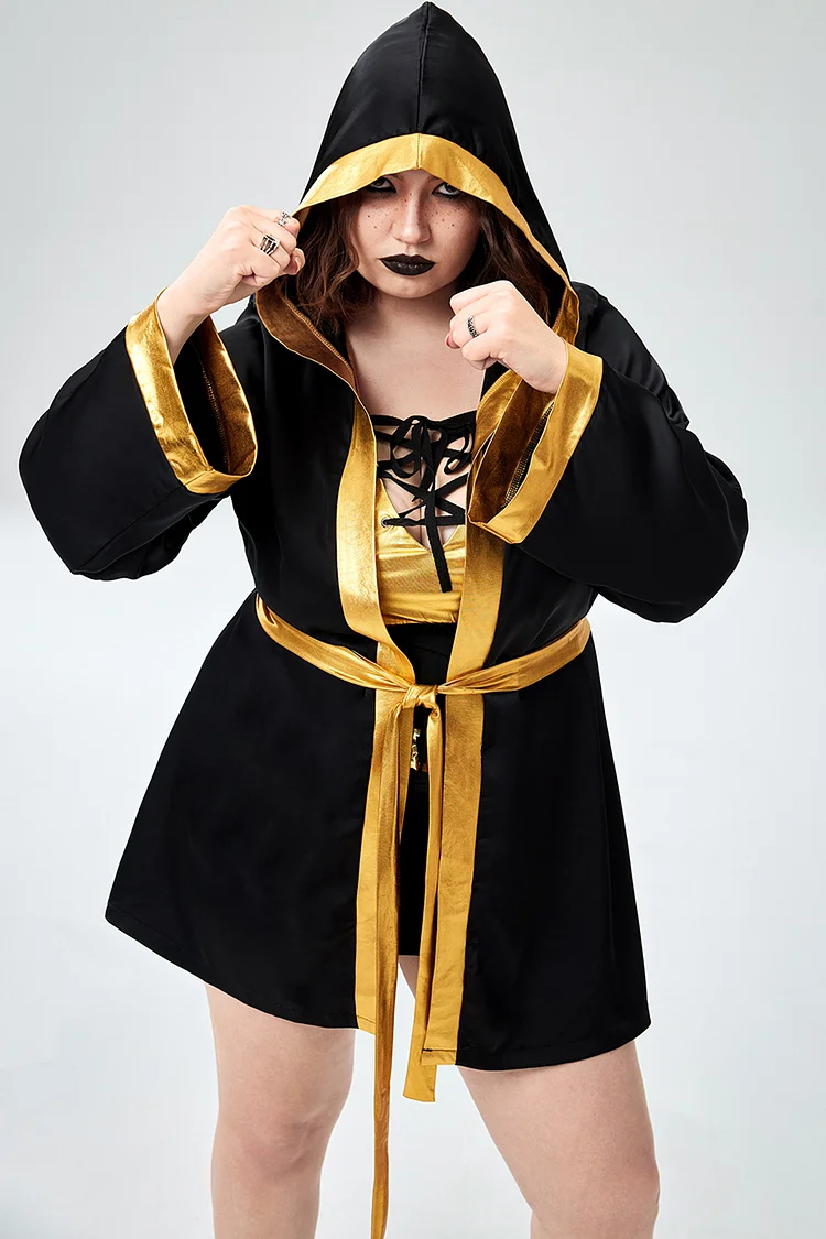 Xpluswear Design Plus Size Halloween Costume Black Knitted Cosplay Boxer Two Piece Skirt Set 