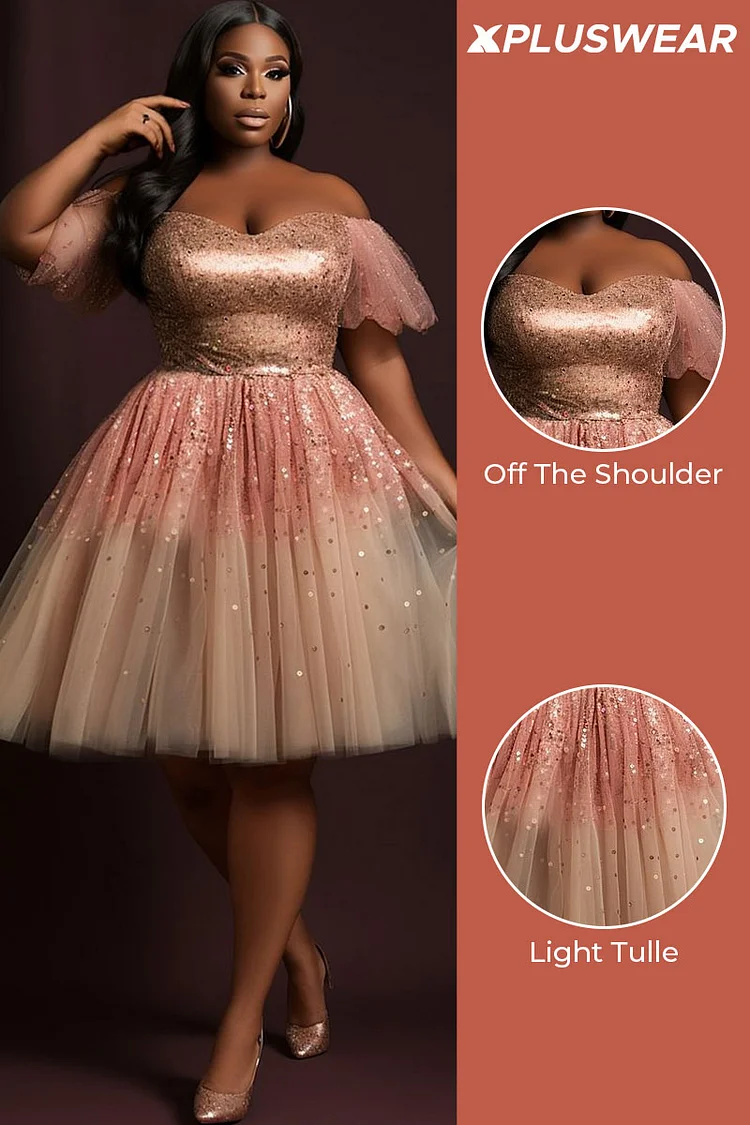 Xpluswear Design Plus Size Cocktail Party Pink Elegant Off The Shoulder Short Sleeve Tulle Mini Dresses