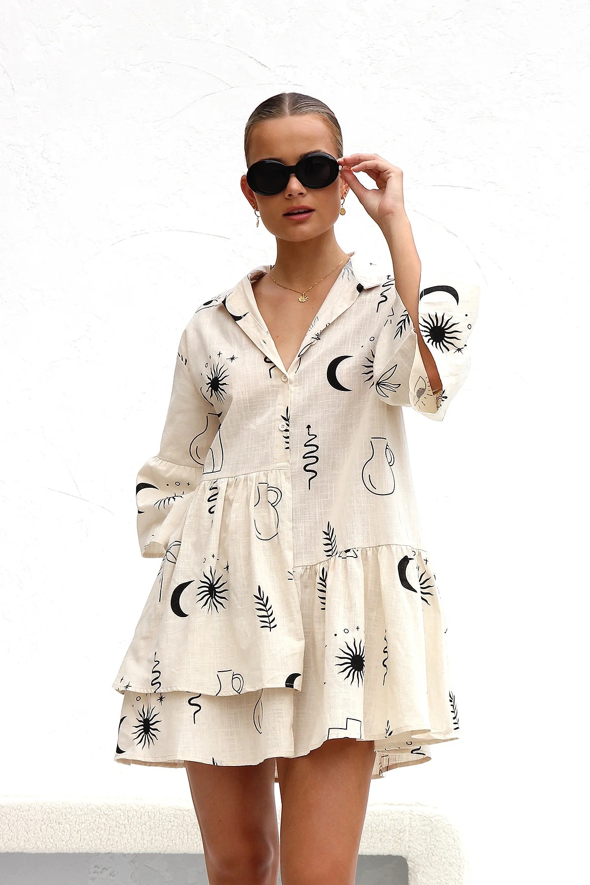 august-lemonade-v-neck-eclipse-print-short-dress-white
