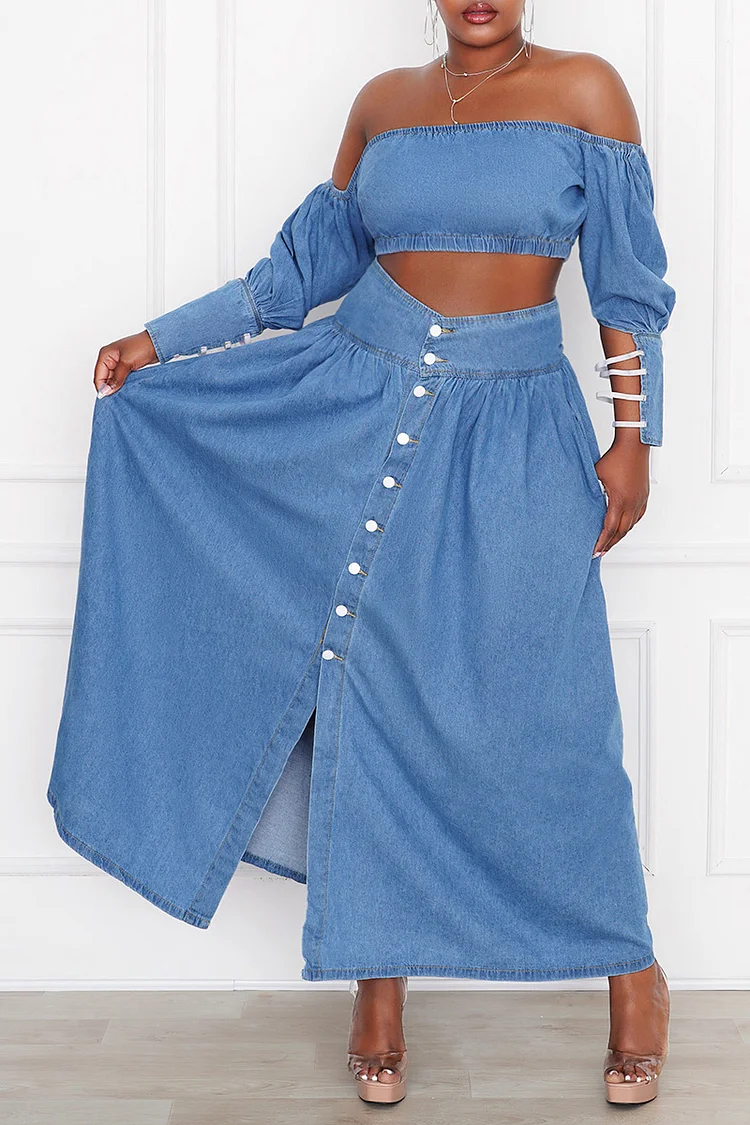 Xpluswear Design Plus Size Casual Blue Off The Shoulder Split Button Two Pieces Denim Skirts Set 