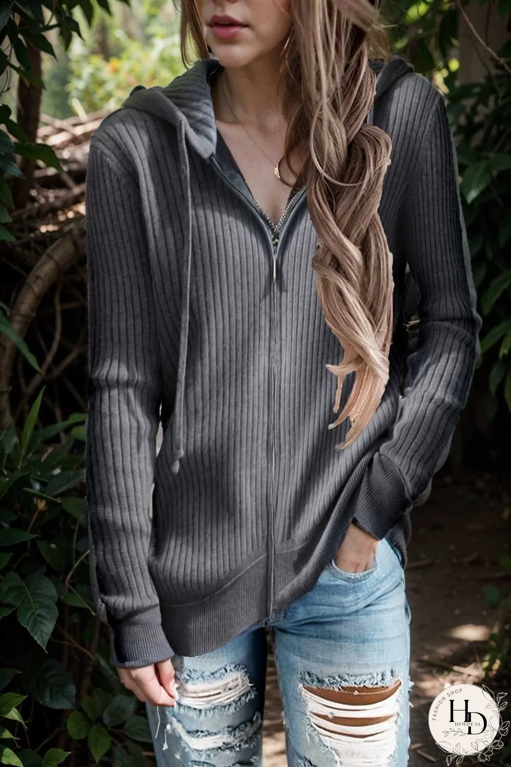 casual zip cardigan long sleeve knit hoodie shirt drop shoulder v neck closed jewel